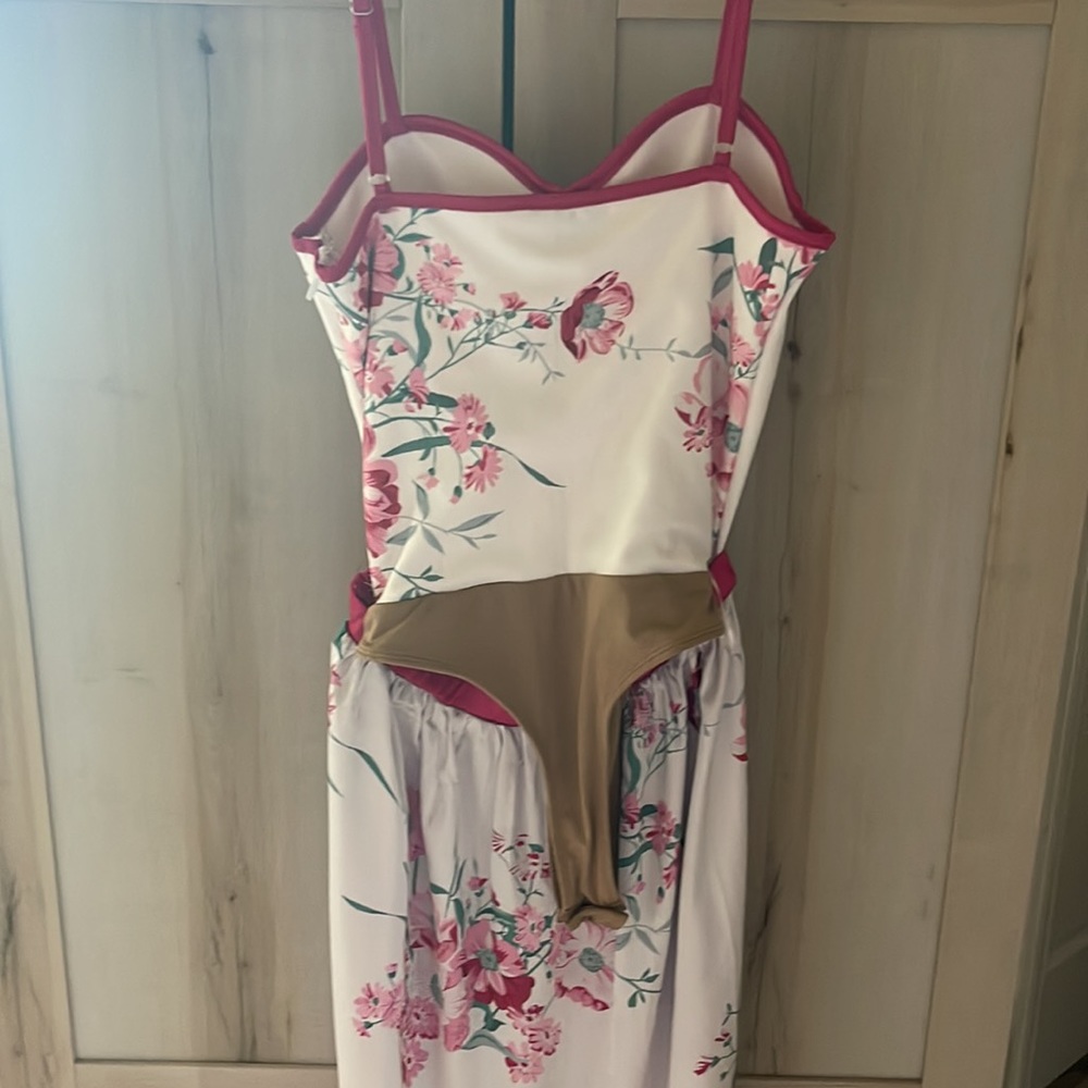 Floral Pink and White Maxi Skirt with Red Trim - Picture 2 of 2